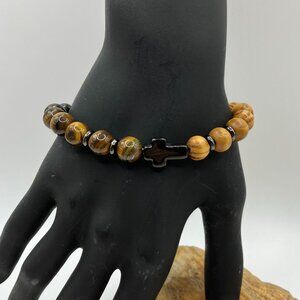 Tiger Eye and Wooden Beaded Bracelet with Stainless Steel Cross + Magnet clasp
